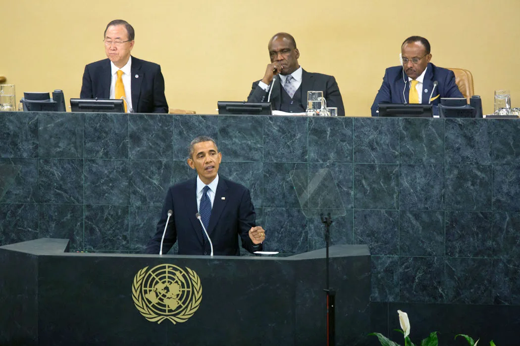 Obama delivers remarks during his address to the United Nations General Assembly