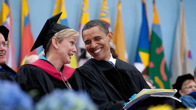 President Barack Obama talks with Michigan Gov. Jennifer Granholm during the University of Michigan commencement ceremony in Ann Arbor, Michigan, May 1, 2010. (Official White House Photo by Pete Souza)President Barack Obama talks with Michigan Gov. Jennifer Granholm during the University of Michigan commencement ceremony in Ann Arbor, Michigan, May 1, 2010. (Official White House Photo by Pete Souza)