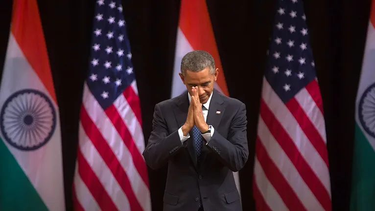 President Barack Obama clasped his hands in the traditional "namaste" greeting after delivering remarks on India and America relations at the Siri Fort Auditorium in New Delhi.