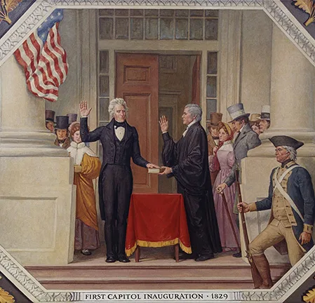 Inauguration of U.S. President Andrew Jackson, the first inauguration to take place at the East Portico at the Capitol Building in Washington, DC. March 4, 1829