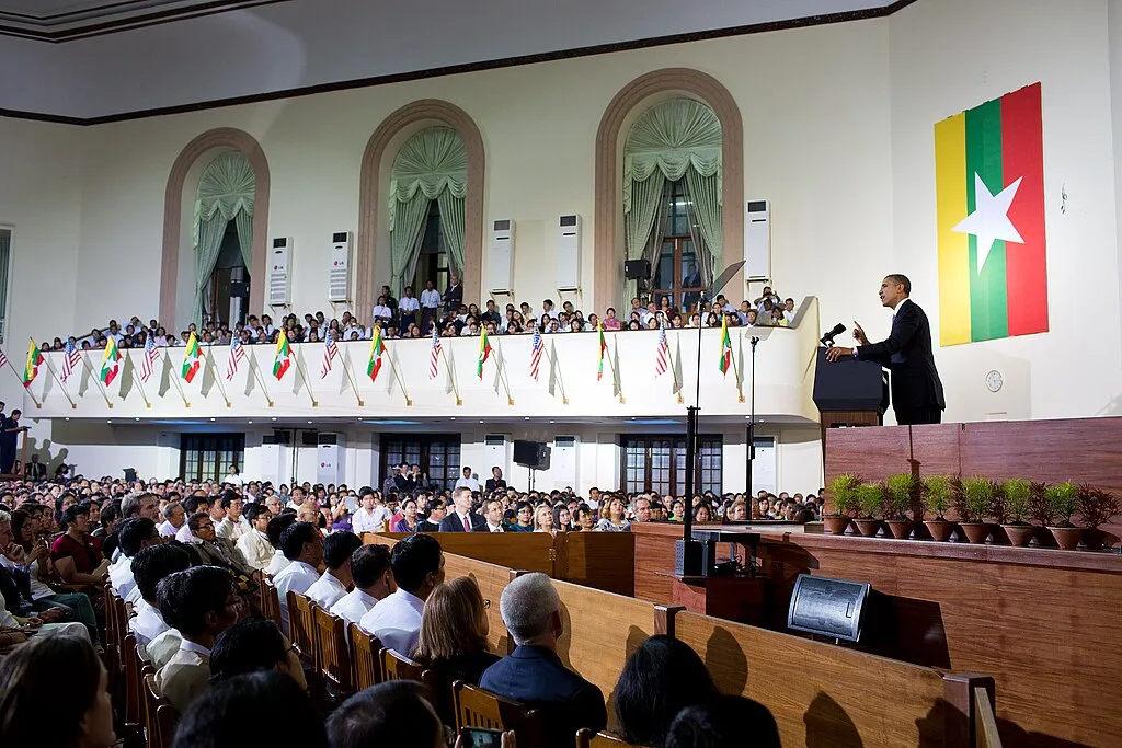 Obama addresses the Burmese public during a speech in the auditorium at University of Yangon in Rangoon