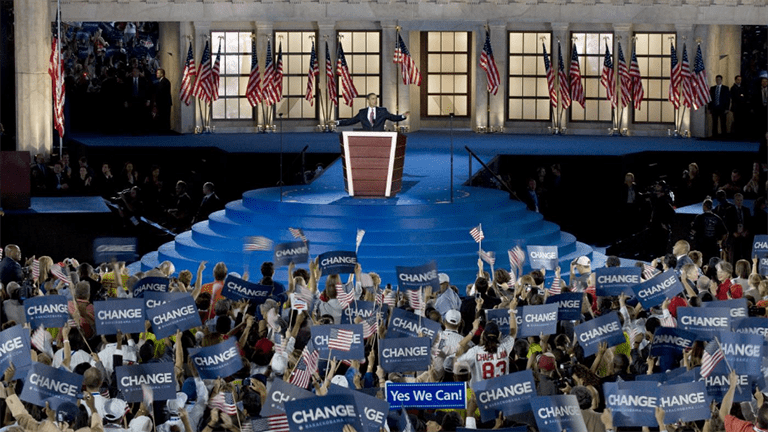 Presidential candidate Barack Obama speaks to the audience at the Democratic National Convention, Denver, Colorado, August 25-28, 2008